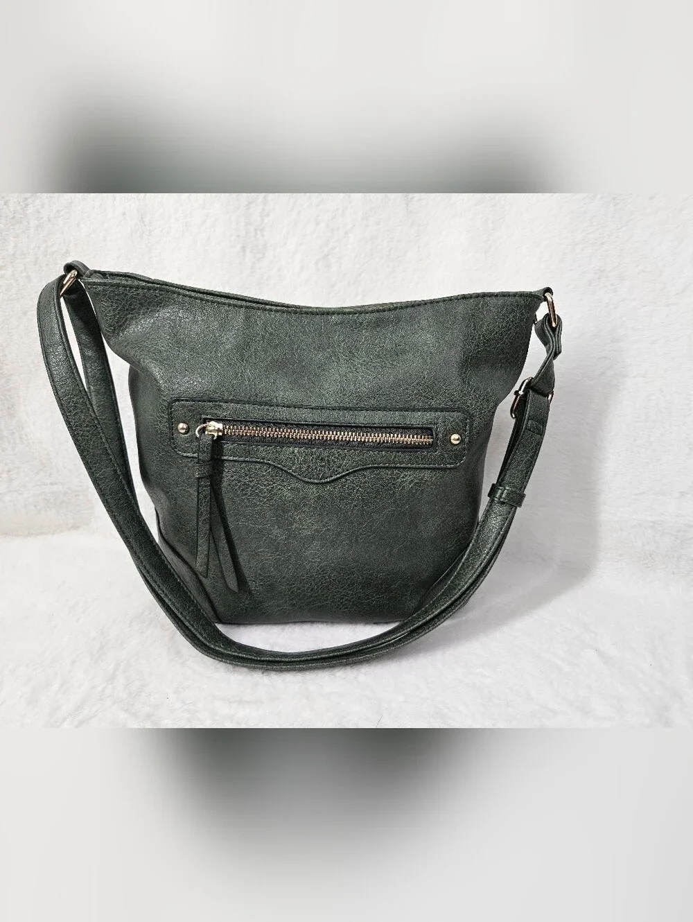 Green Faux Leather Crossbody Bucket Bag